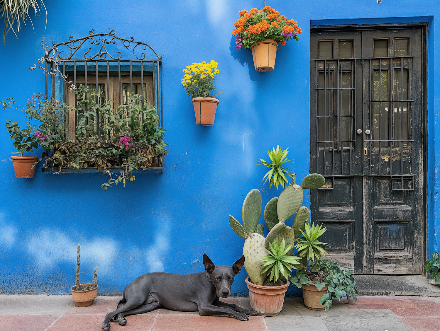 Tranquil Urban Scene with Blue Wall