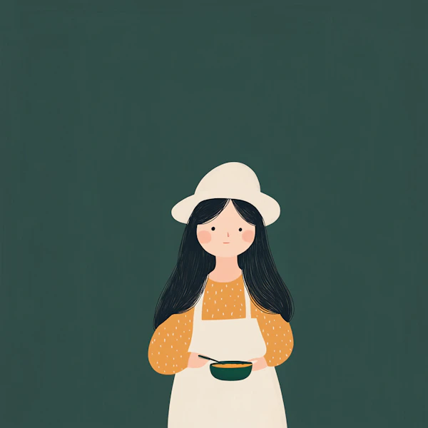 Stylized Illustration of a Young Girl Cooking