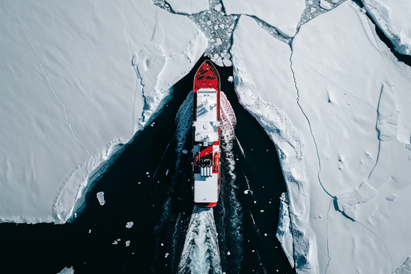 Aerial View of Ship in Icy Waters