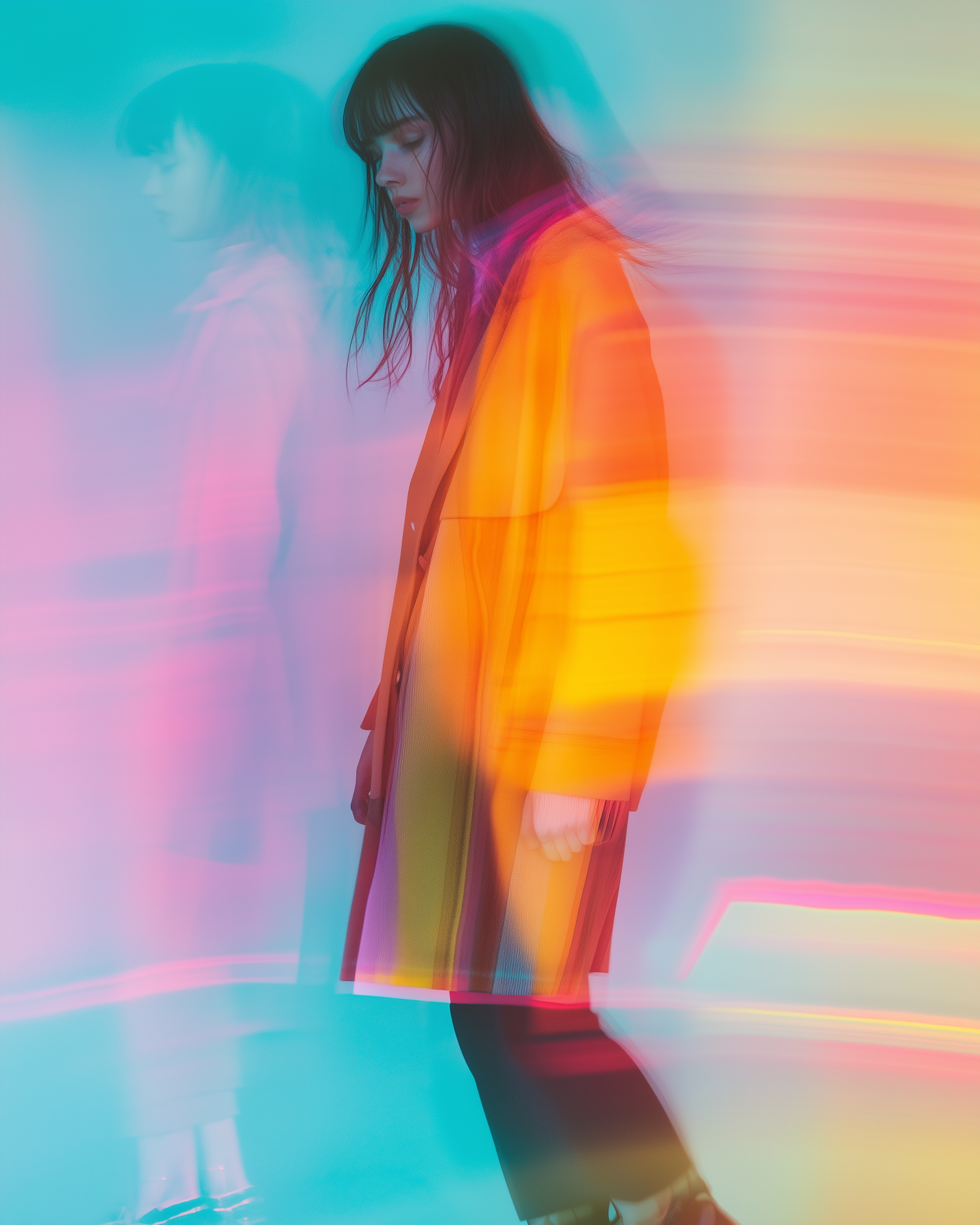 Contemplative Woman in Vibrant Orange Coat