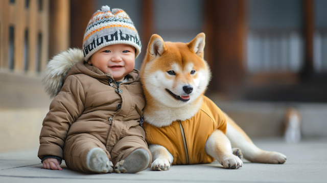 Toddler and Shiba Inu Bonding