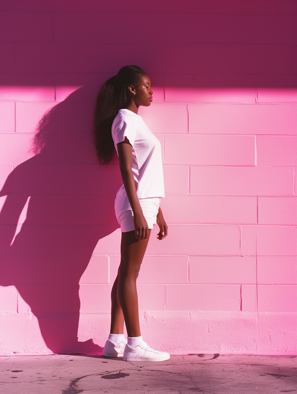 Woman in Profile Against Pink Wall