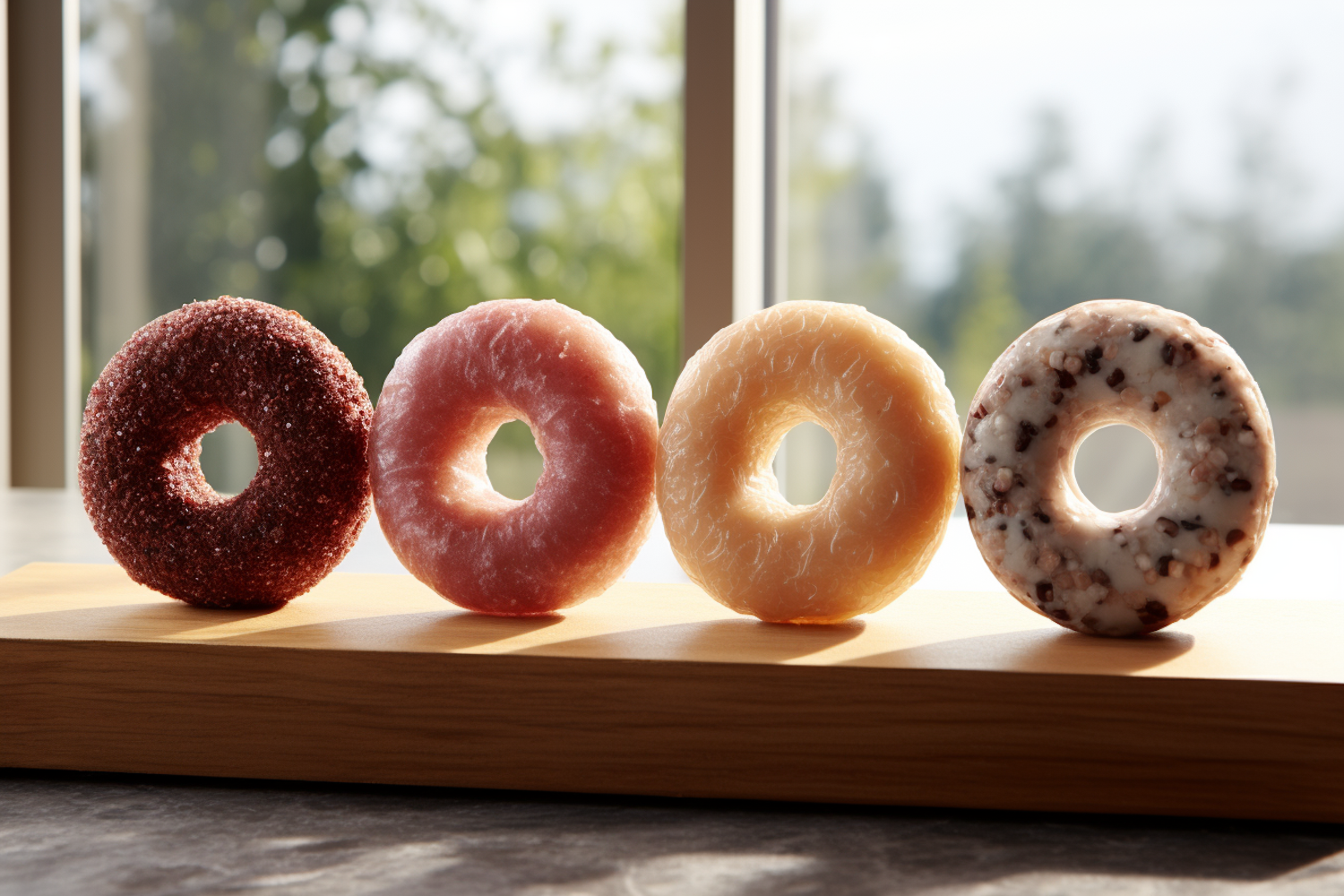 Assorted Flavored Doughnuts on Wooden Board