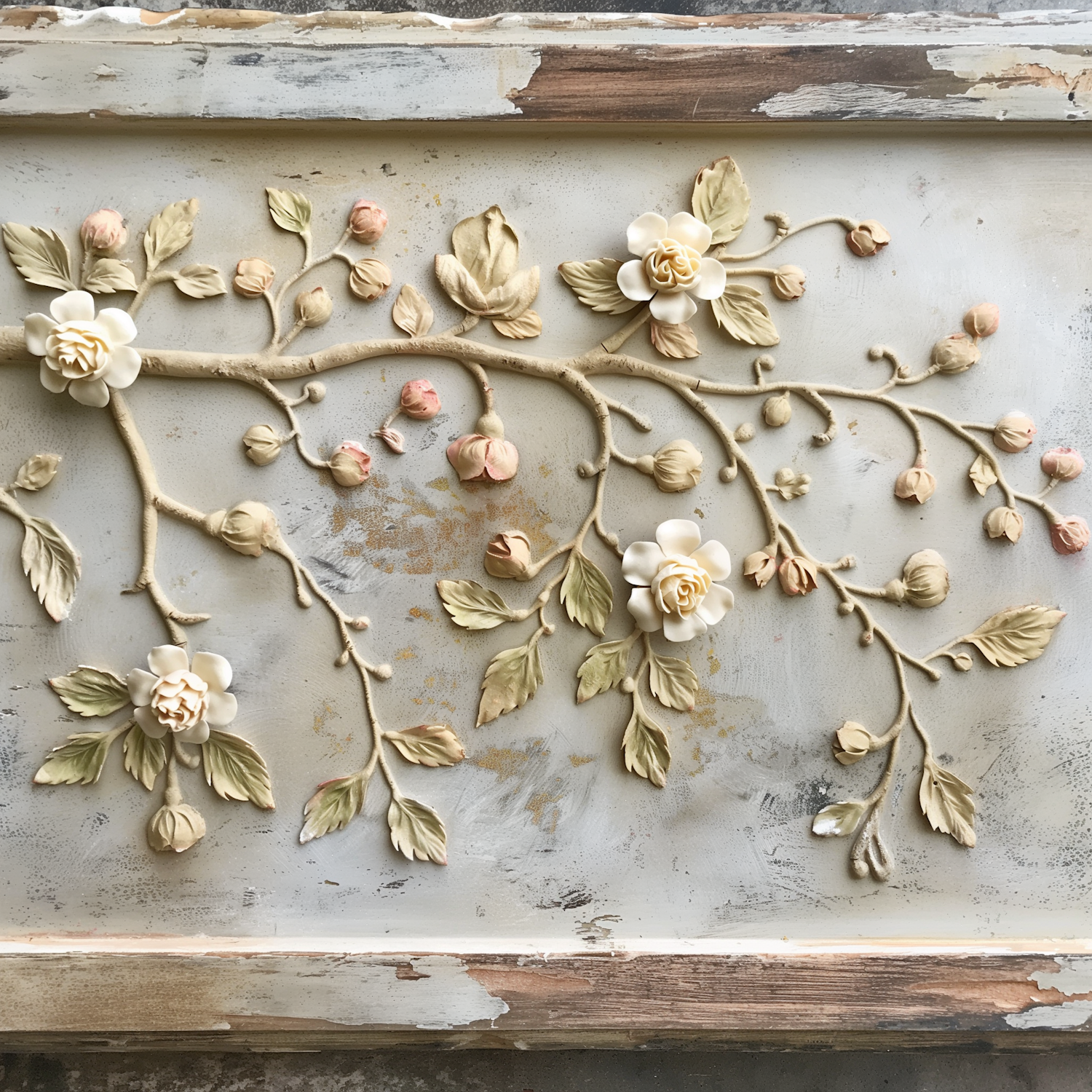 Vintage Floral Relief Art on Distressed Wood