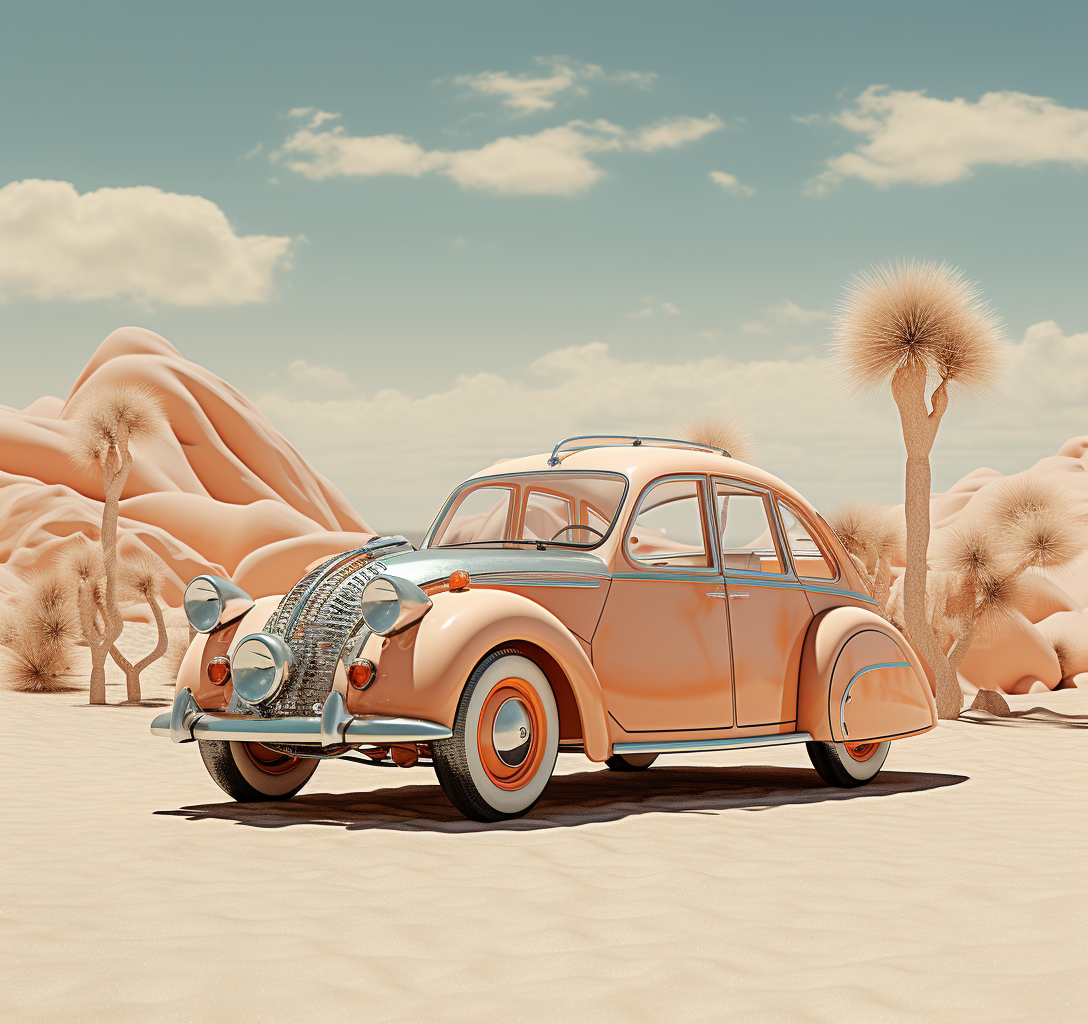 Retro Beige Car in Surreal Desert