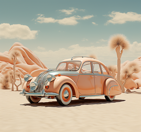 Retro Beige Car in Surreal Desert