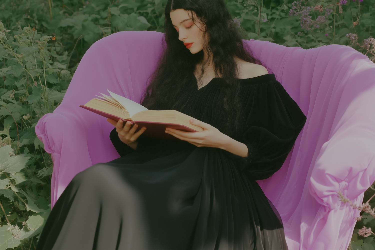 Woman Reading on Pink Couch