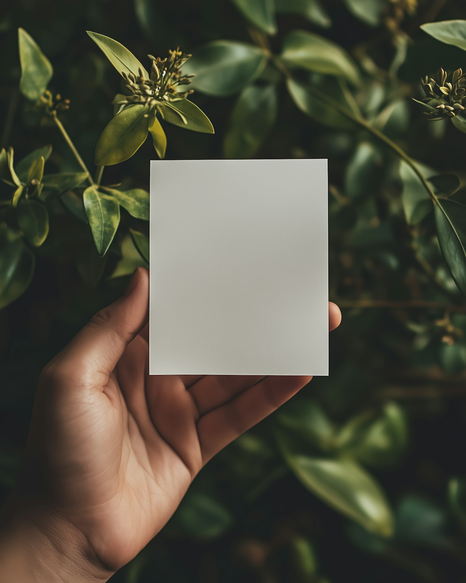 Hand Holding Blank Paper Against Green Leaves