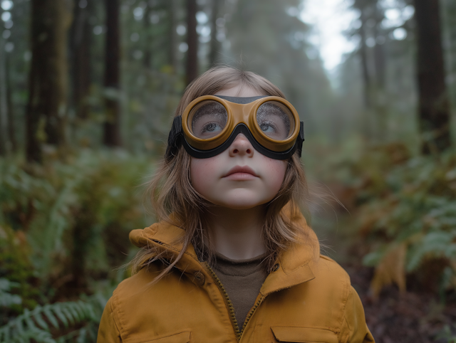 Child in Forest with Vintage Goggles