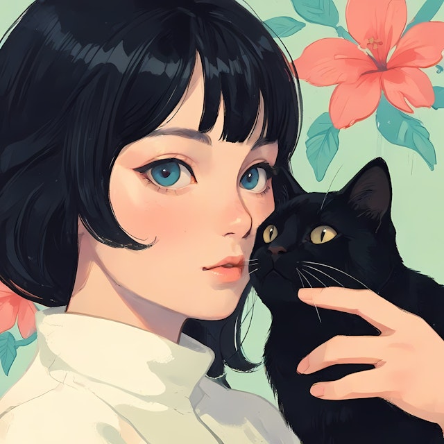 Woman with Black Cat and Floral Background