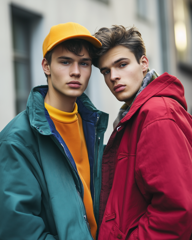 Two Young Men in Colorful Jackets