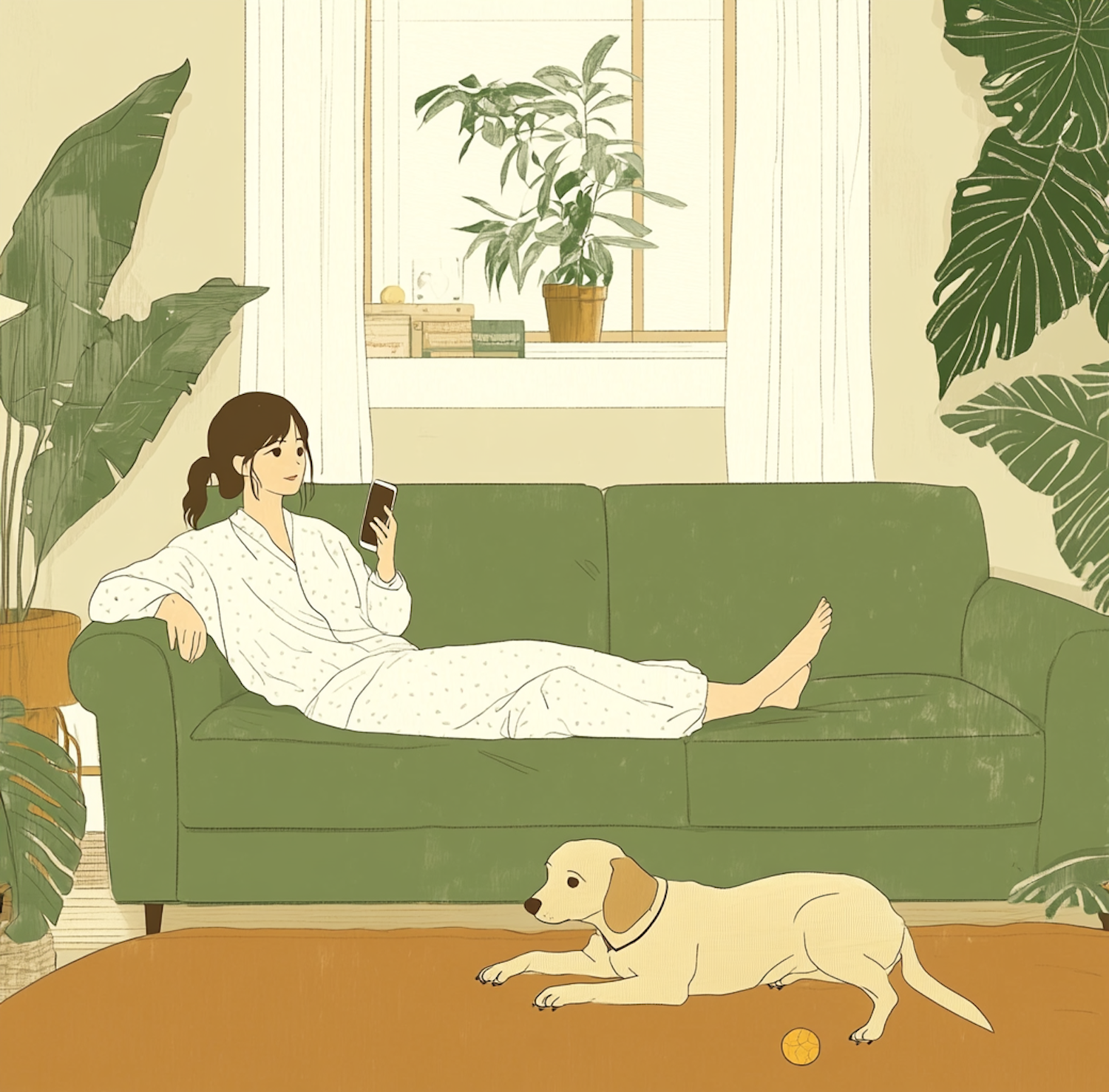 Serene Indoor Scene with Woman and Dog