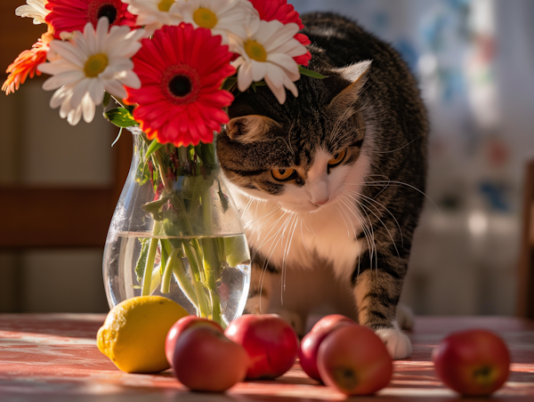 Curious Cat with Daisies