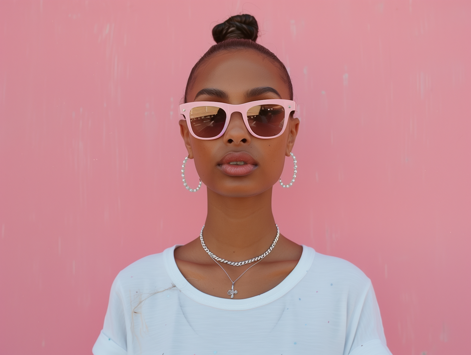 Stylish Young Woman in Pink Backdrop