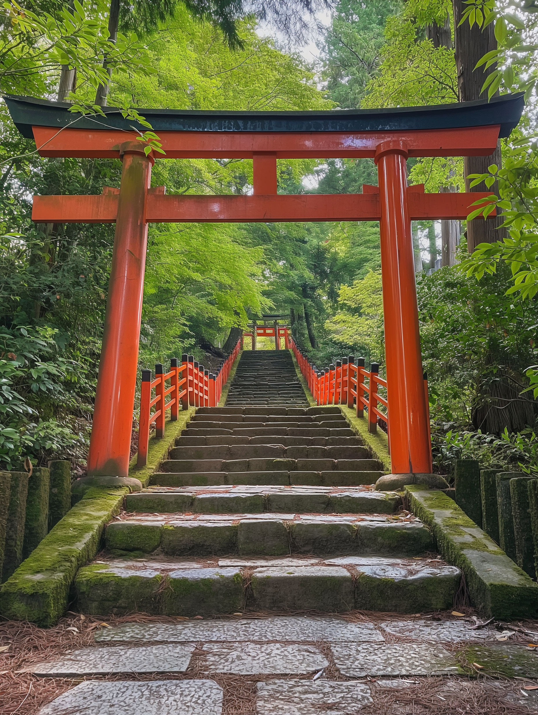 Traditional Vermillion Torii Gate in Japanese Forest