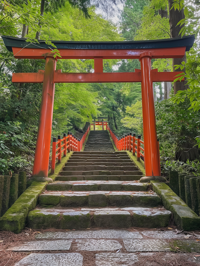 Traditional Vermillion Torii Gate in Japanese Forest