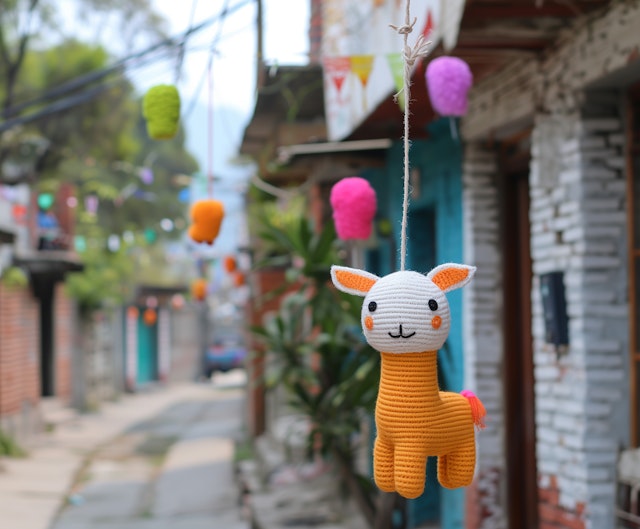 Crocheted Llama Hanging at Outdoor Market