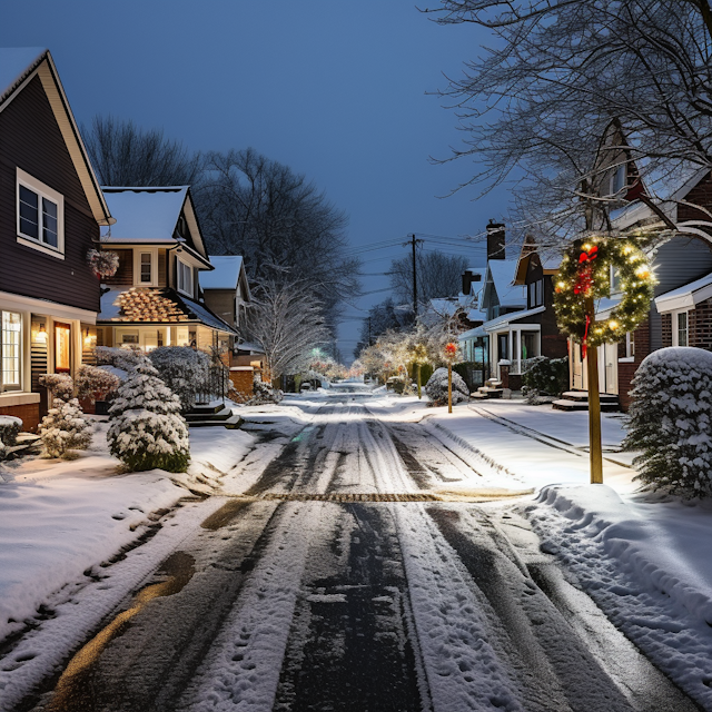 Twilight Snowfall on Festive Lane