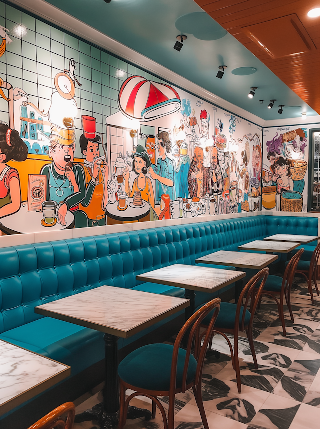 Vibrant Cafe Interior with Illustrated Mural