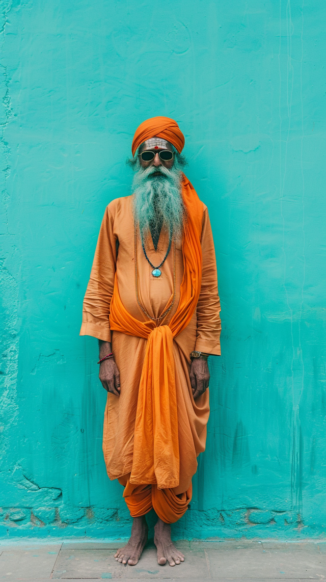 Elderly Man in Traditional Orange Robes