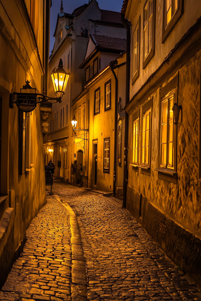 Twilight Serenity on a Cobblestone Street