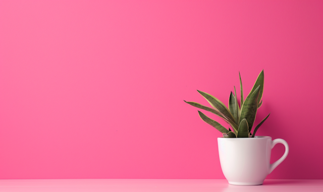 Minimalist Pink Background with White Mug and Green Plant