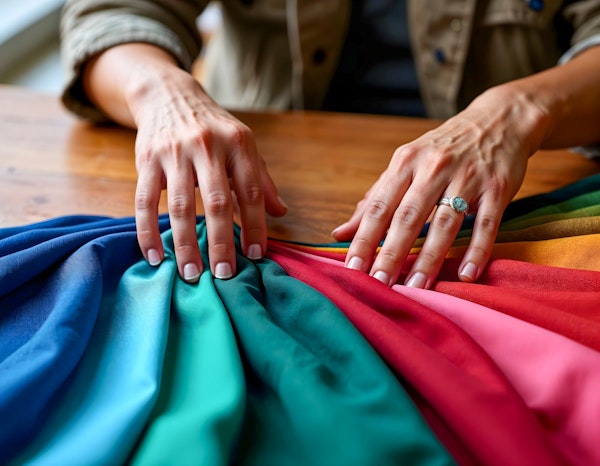 Hands Touching Colorful Fabric Swatches