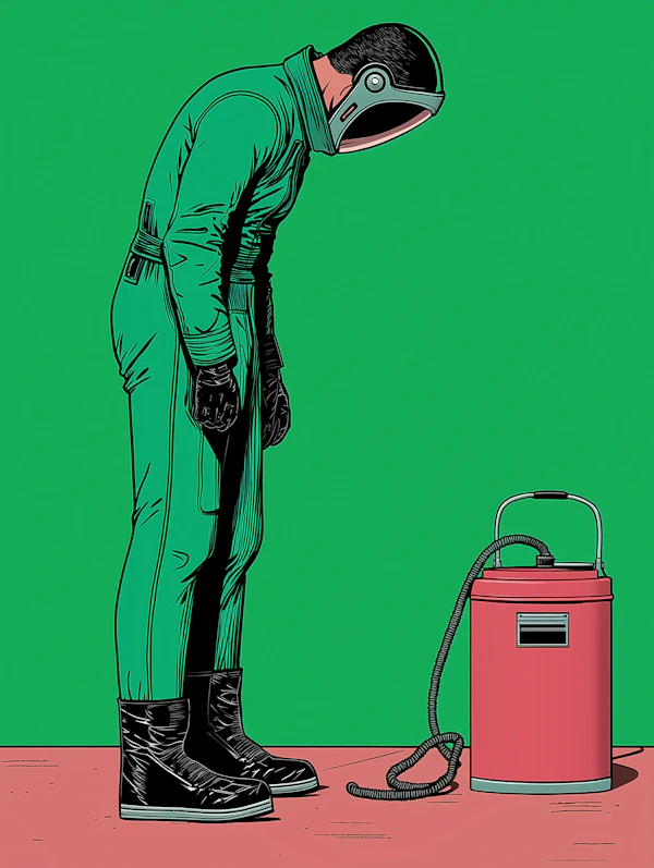 Person in Green Suit with Red Object