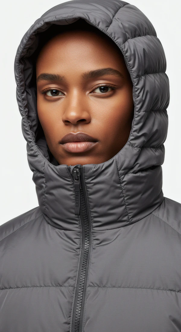 Close-up of Person in Gray Puffer Jacket