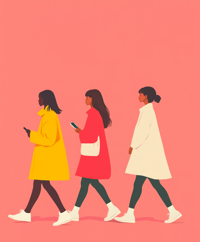 Three Women Walking Against Pink Background