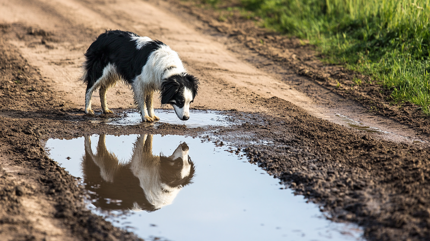 Dog Reflecting in Puddle