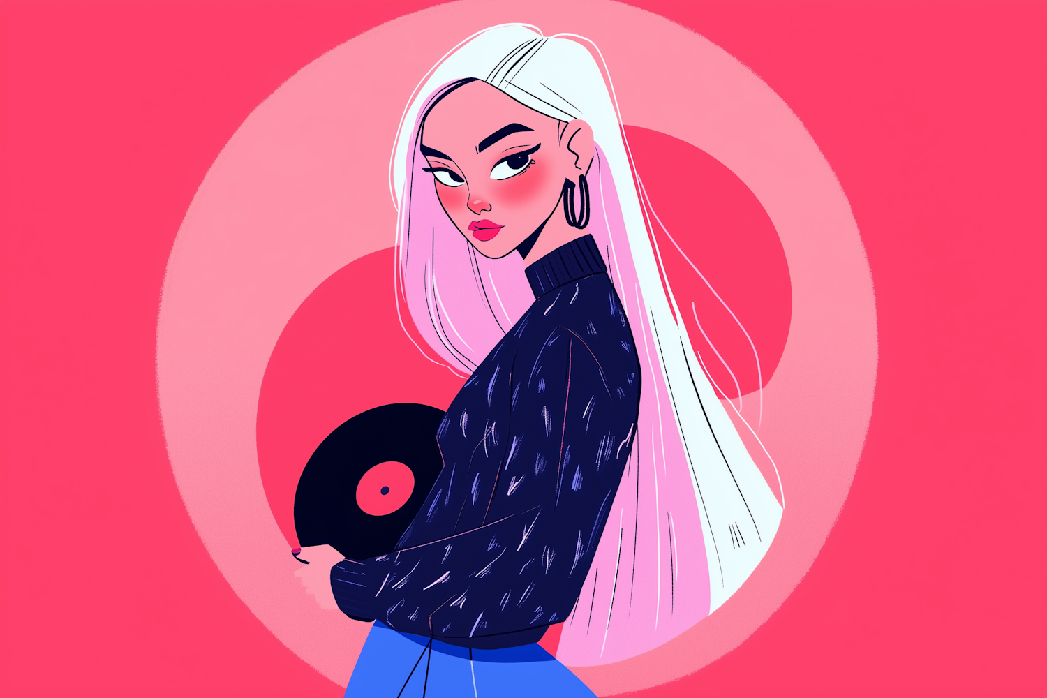 Stylized Portrait of Fashionable Woman with Vinyl Record