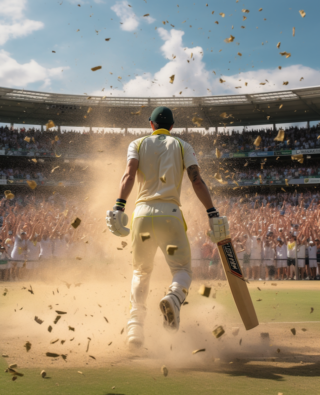 Triumphant Cricketer's Entrance Amidst Golden Confetti