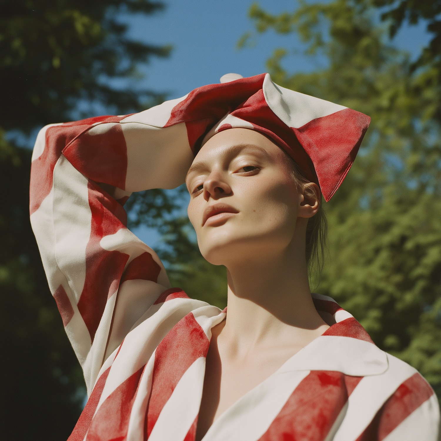 Striking Red and White Outfit in Nature