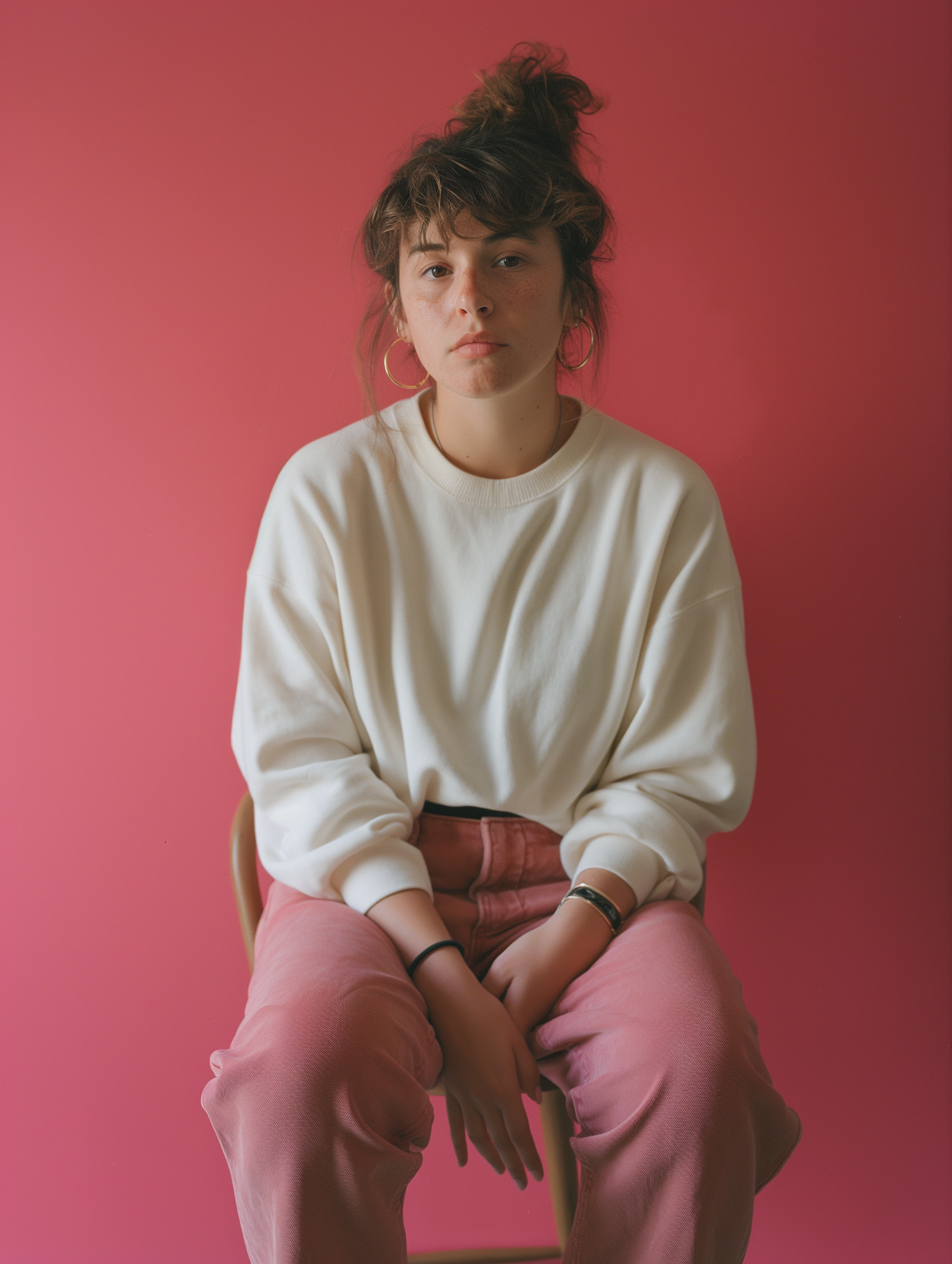 Portrait of a Young Woman with Monochromatic Pink Background