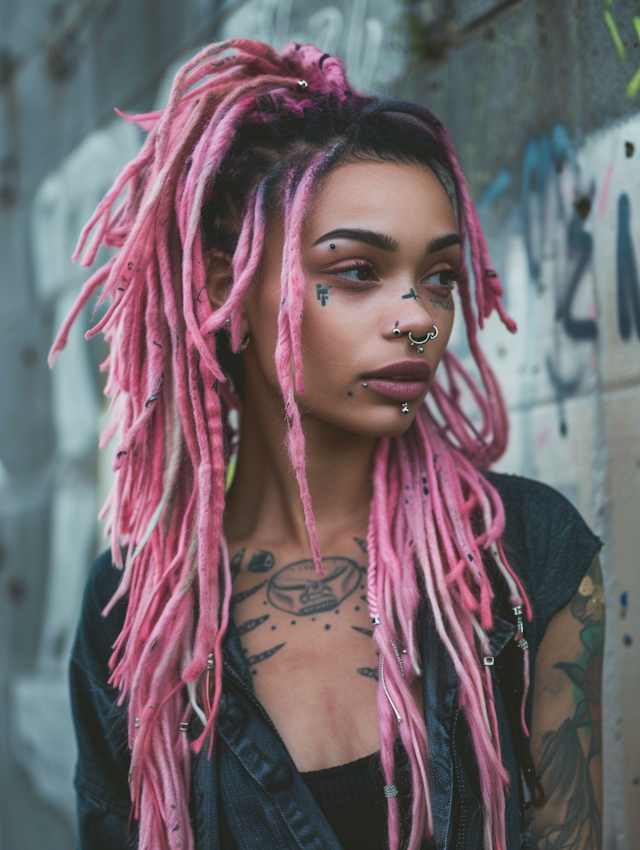 Edgy Woman with Pink Dreadlocks and Piercings