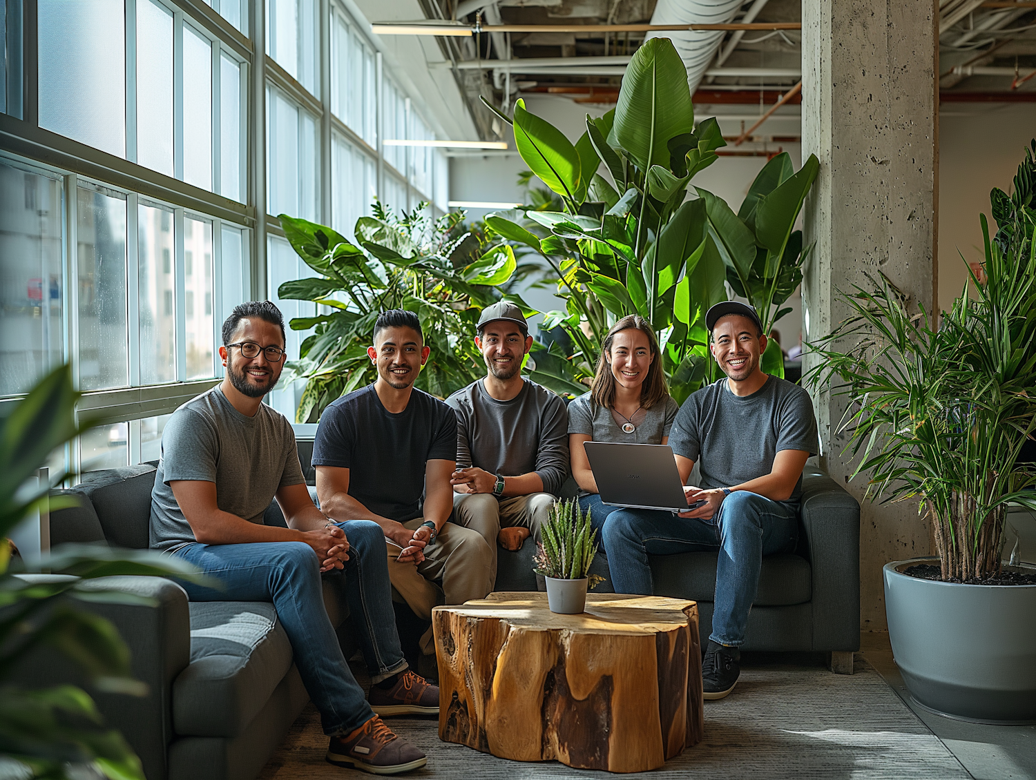 Casual Tech Team Collaboration in a Plant-filled Workspace
