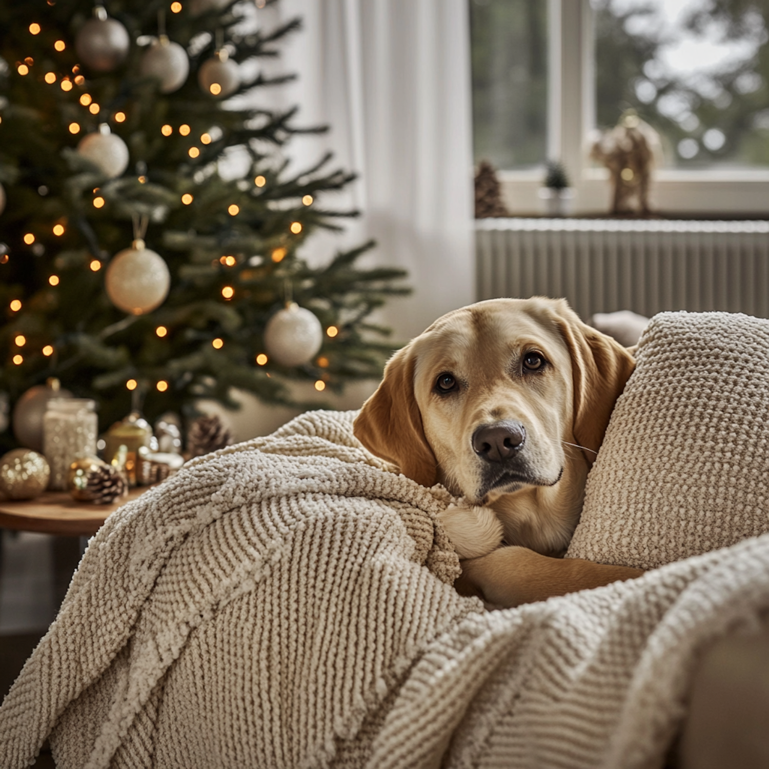 Cozy Golden Retriever by the Christmas Tree