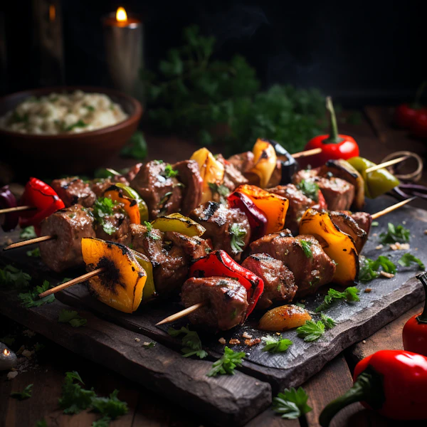 Rustic Grilled Kebabs on Wooden Board
