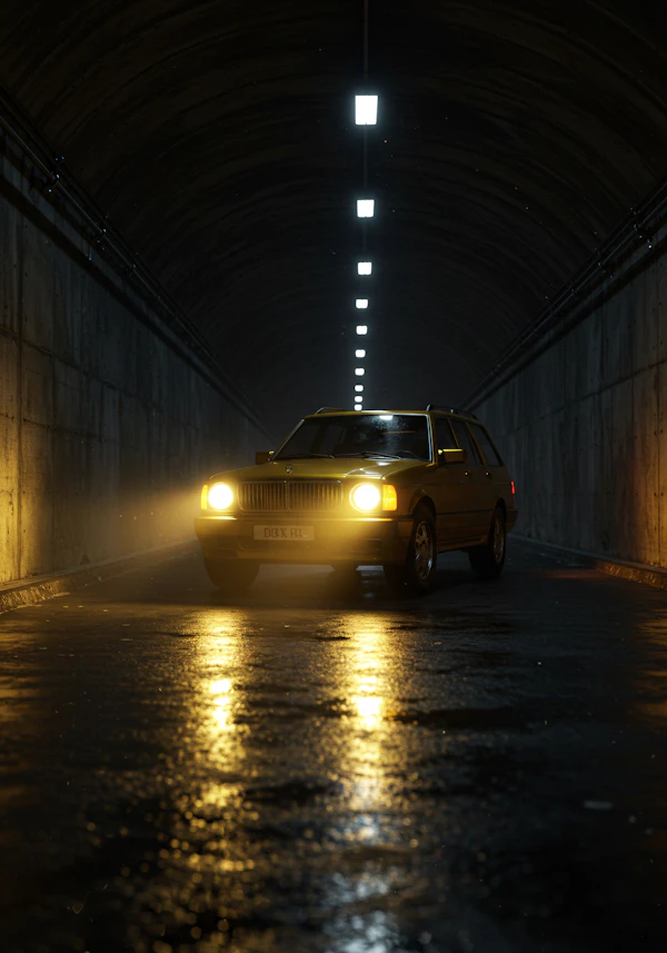 Car in Dimly Lit Tunnel