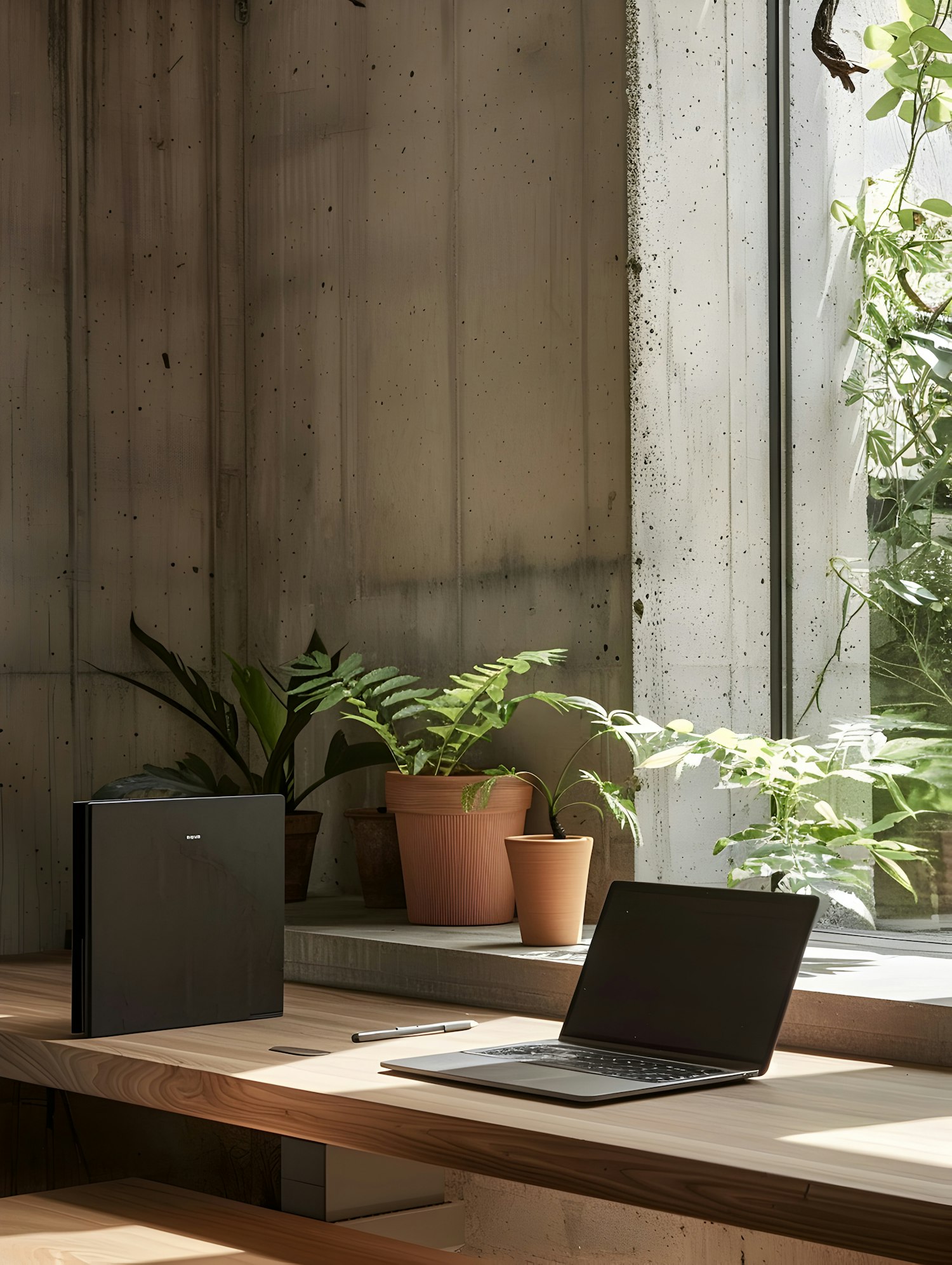 Serene Workspace with Laptops and Plants