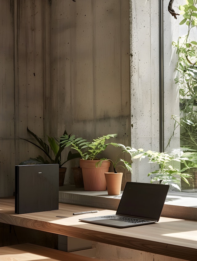 Serene Workspace with Laptops and Plants