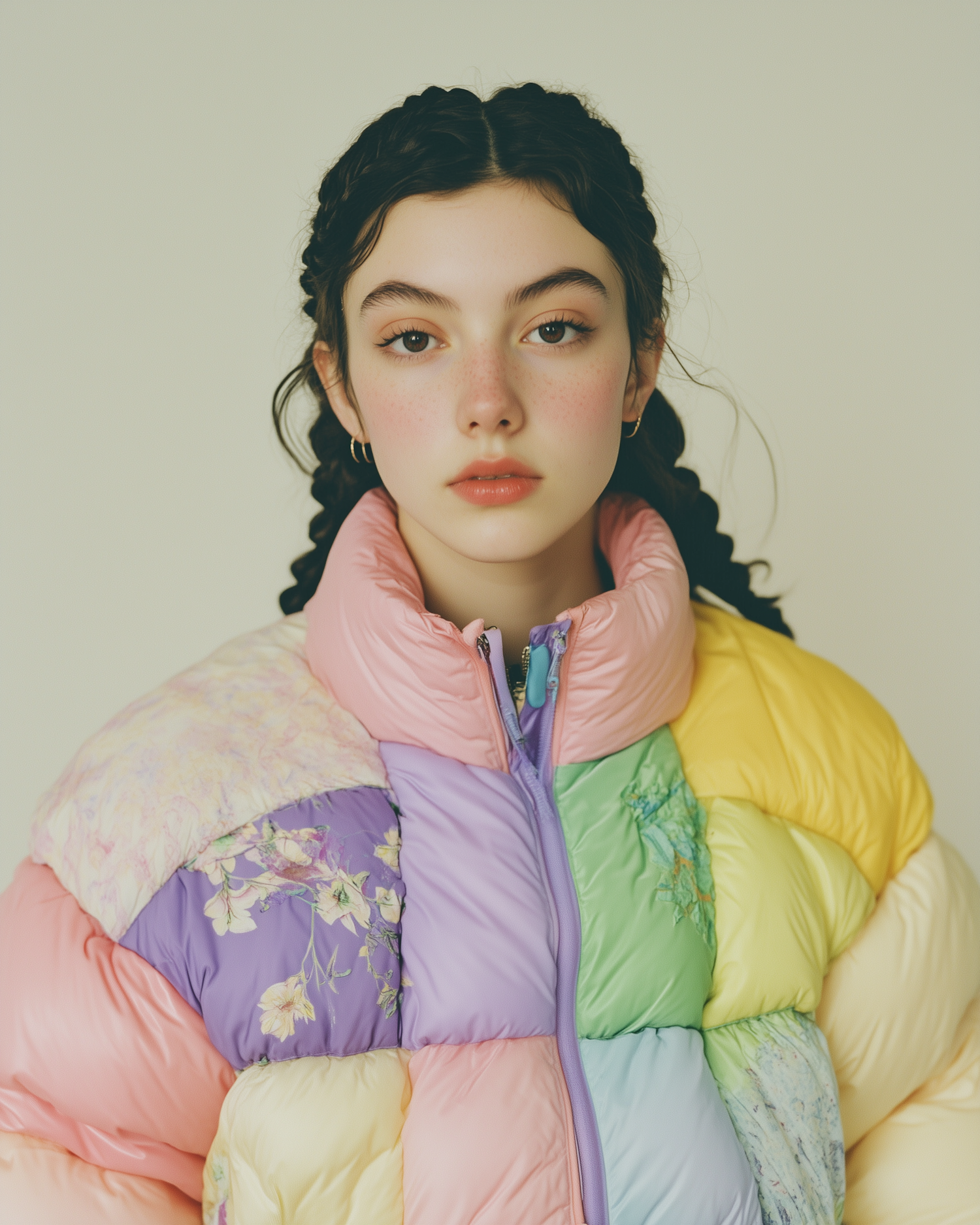 Young Woman in Colorful Puffer Jacket