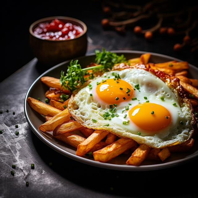 Eggs Over Golden Fries with Herb Garnish