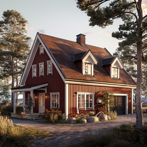 Serene Two-Story House in Forest Setting at Dusk