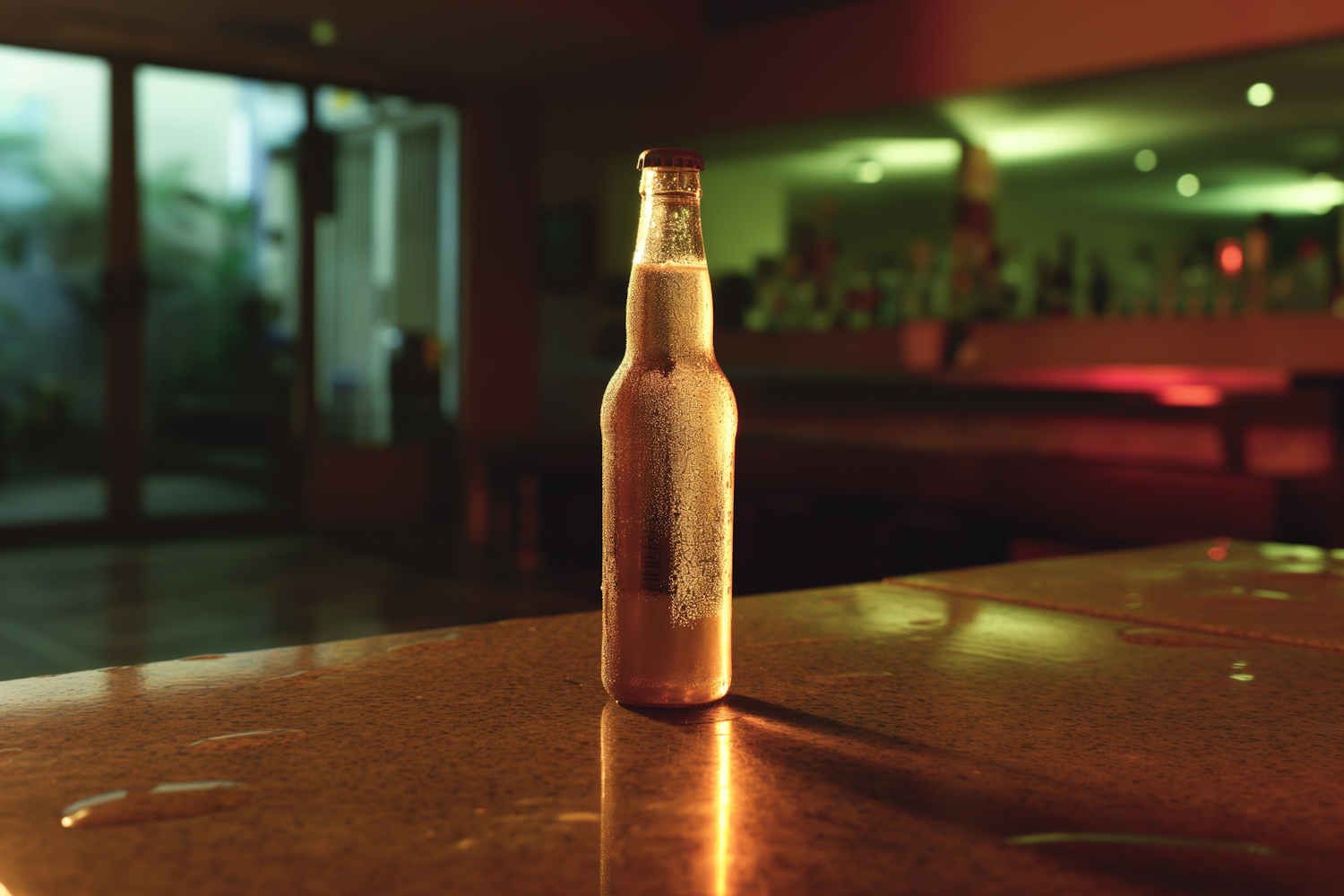 Dew-Covered Beer Bottle on Bar Counter