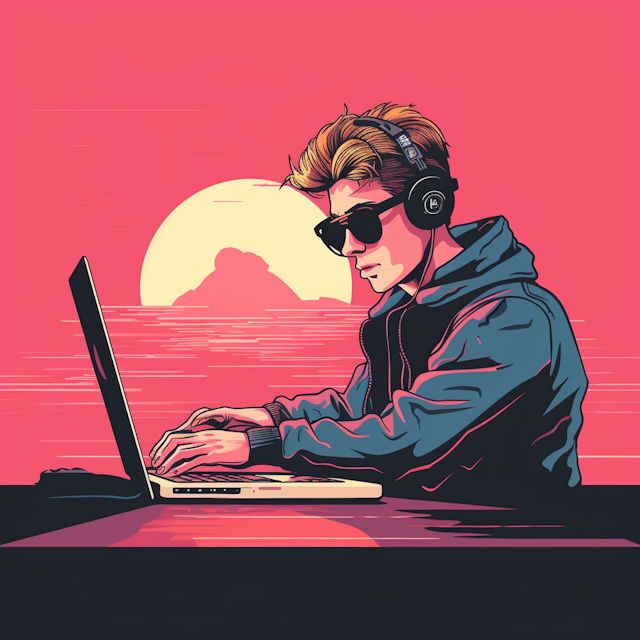 Young Man Working on Laptop with Retro Sunset Background