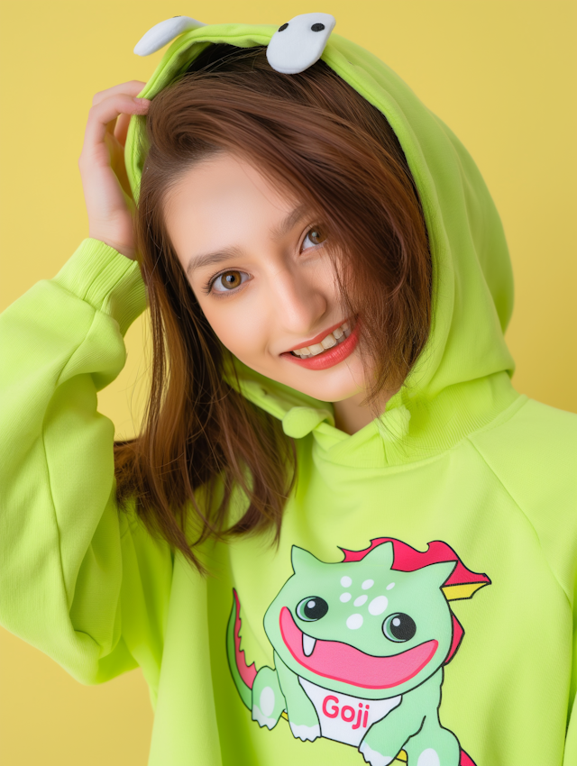 Young Woman in Playful Animal Hoodie