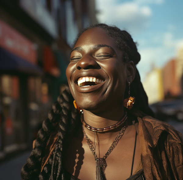 Sunlit Joy: Portrait of a Radiant Woman with Braided Hair and Amber Adornments