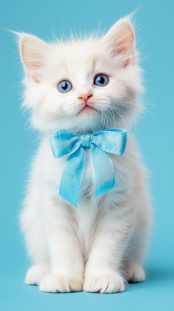 White Kitten with Blue Bow